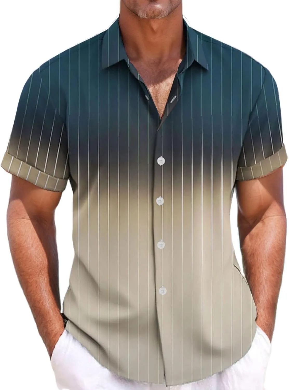 Men's Gradient Linen Shirts Short Sleeve Button Down Shirt Hawaiian Summer Beach Casual T Shirts Wedding Shirt for Men
