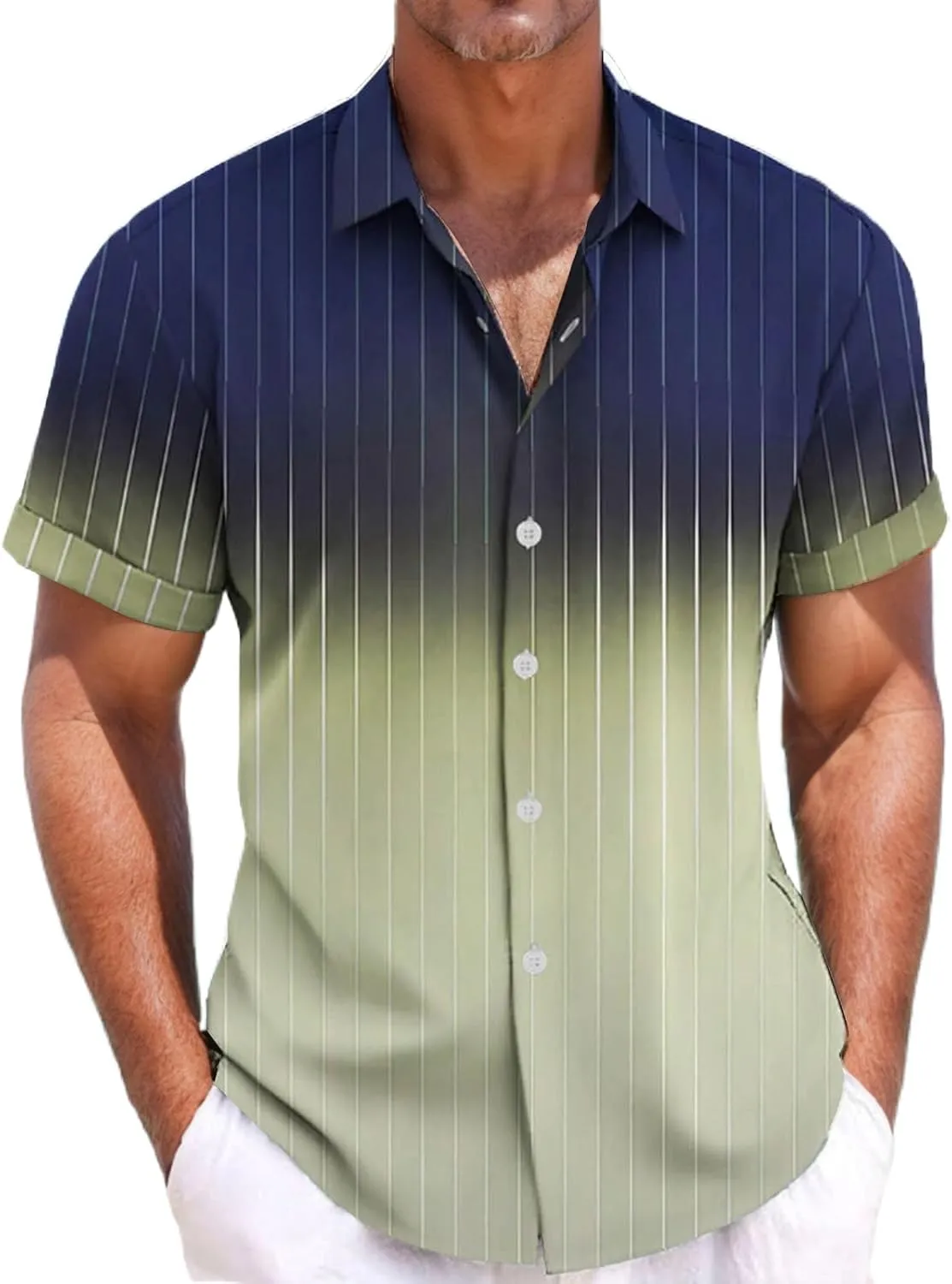 Men's Gradient Linen Shirts Short Sleeve Button Down Shirt Hawaiian Summer Beach Casual T Shirts Wedding Shirt for Men
