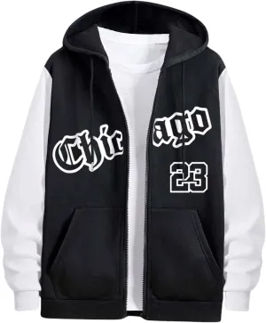 Men's Graphic Zip Up Hoodies Jacket Letter Print Long Sleeve Drawstring Sweatshirts