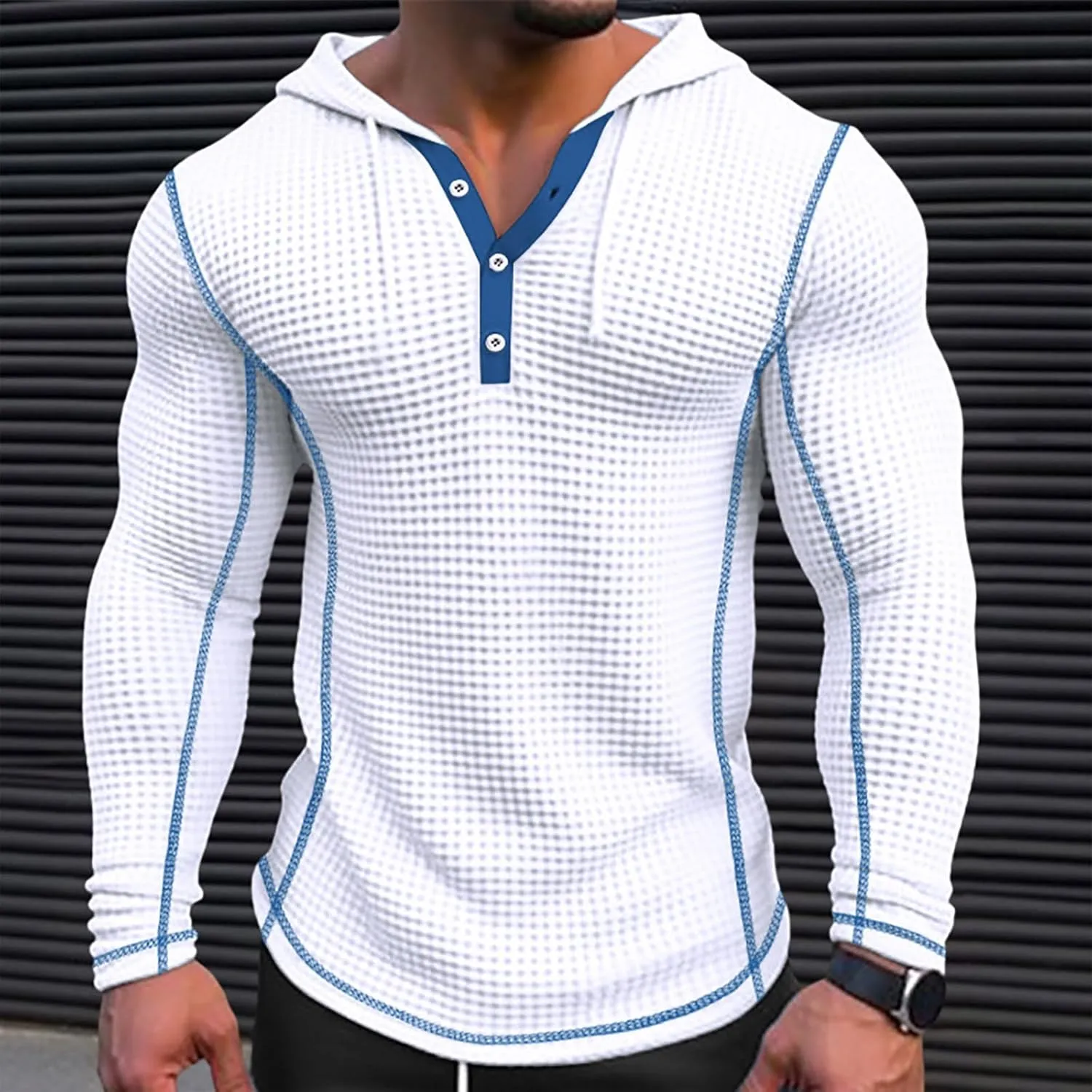 Mens Hoodies Casual Long Sleeve Drawstring Waffle Knit Hooded Sweatshirt Muscle Fit T Shirts Gym Workout Pullover Tops