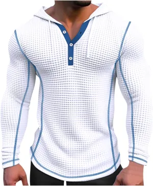 Mens Hoodies Casual Long Sleeve Drawstring Waffle Knit Hooded Sweatshirt Muscle Fit T Shirts Gym Workout Pullover Tops