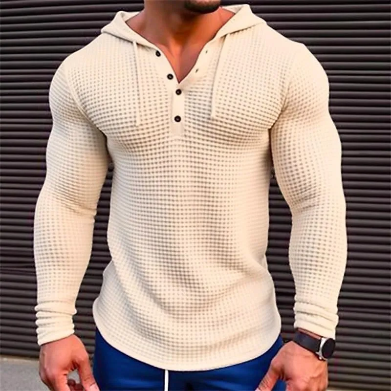 Mens Hoodies Casual Long Sleeve Drawstring Waffle Knit Hooded Sweatshirt Muscle Fit T Shirts Gym Workout Pullover Tops