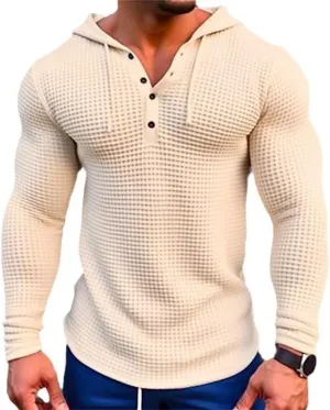 Mens Hoodies Casual Long Sleeve Drawstring Waffle Knit Hooded Sweatshirt Muscle Fit T Shirts Gym Workout Pullover Tops