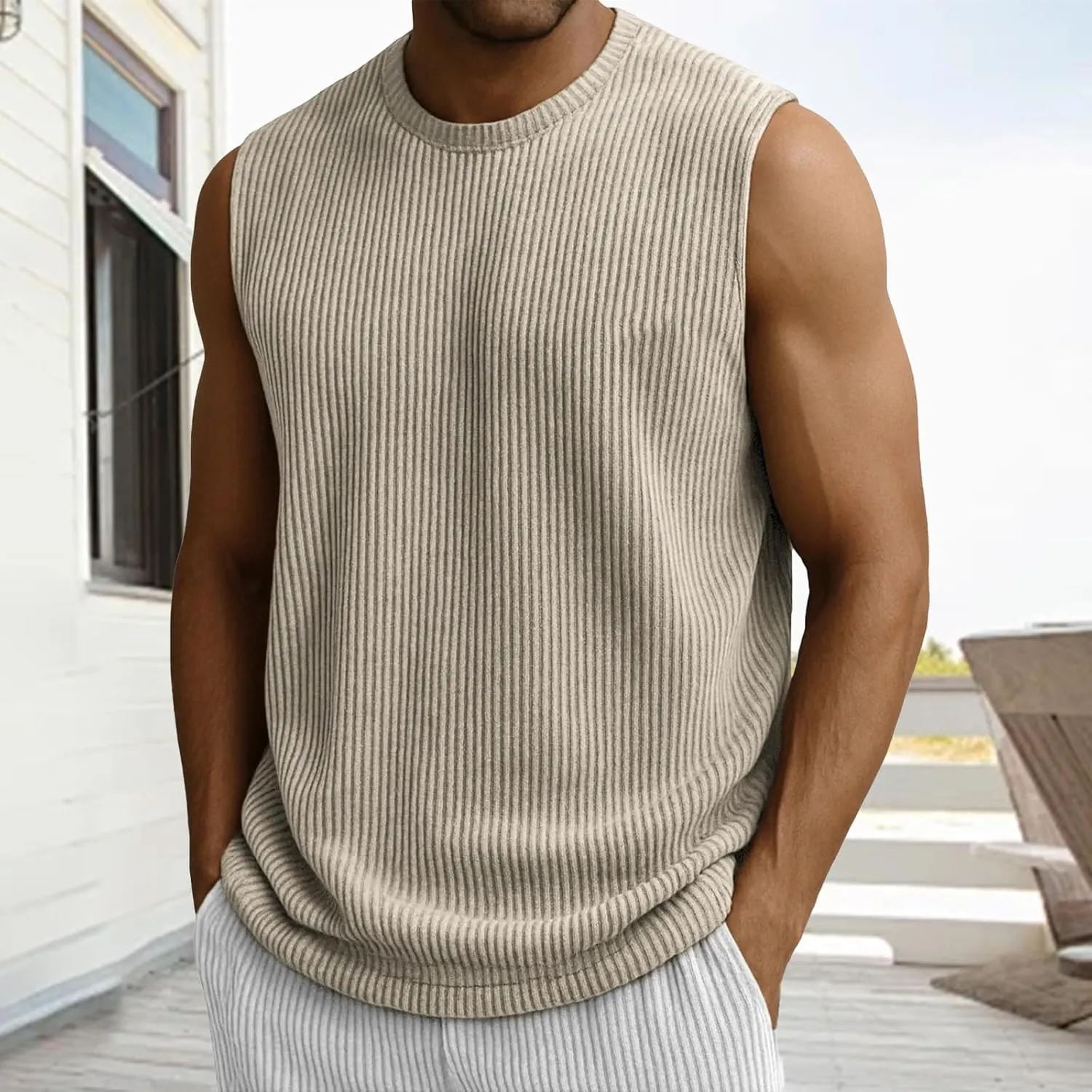 Mens Ribbed Knit Tank Tops Crew Neck Sleeveless Muscle Shirts Gym Workout Basic Tees Moisture Wicking Athletic Tops