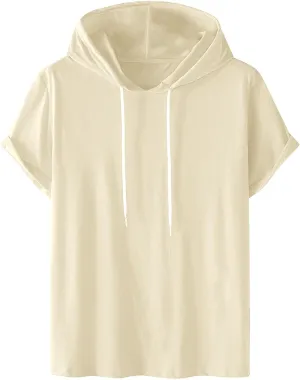 Mens Short Sleeve Hoodie Sweatshirts Drawstring Hooded Pullover Sports Tops