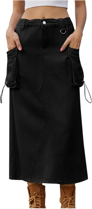 Midi Cargo Skirts for Women Casual High Waist Stretch Button Denim Skirts Trendy Pencil Skirt with Multi Pockets