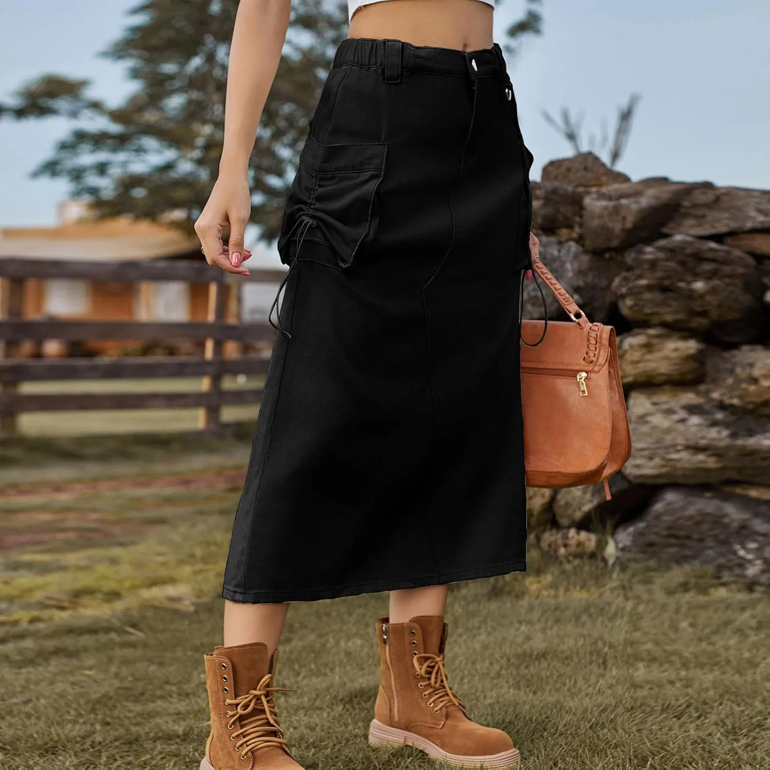 Midi Cargo Skirts for Women Casual High Waist Stretch Button Denim Skirts Trendy Pencil Skirt with Multi Pockets