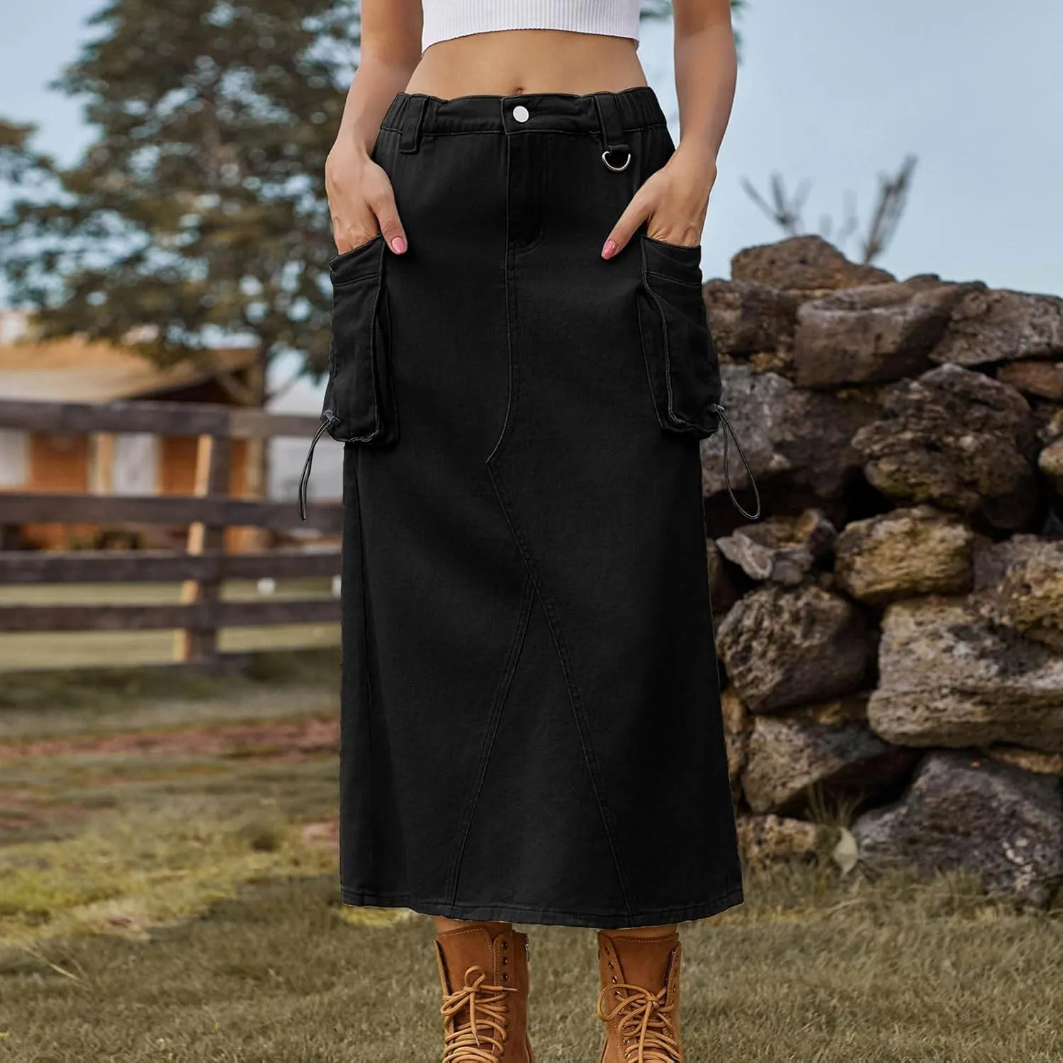 Midi Cargo Skirts for Women Casual High Waist Stretch Button Denim Skirts Trendy Pencil Skirt with Multi Pockets