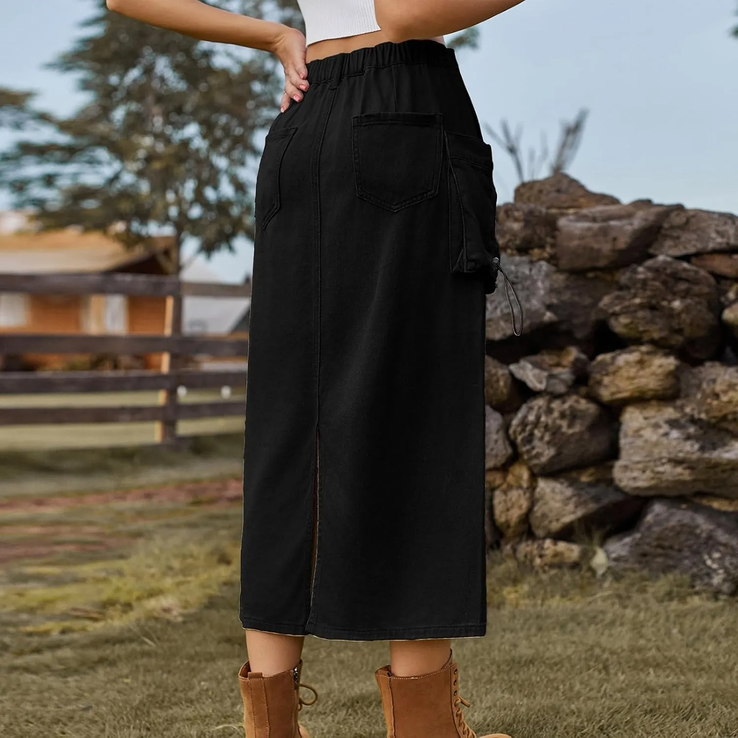 Midi Cargo Skirts for Women Casual High Waist Stretch Button Denim Skirts Trendy Pencil Skirt with Multi Pockets