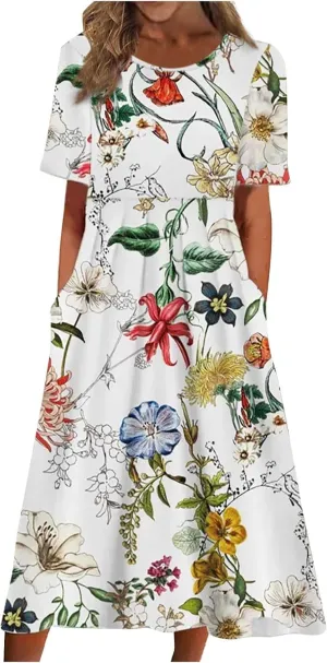 Midi Dress for Women 2025 Summer Casual Short Sleeve Floral A-Line T-Shirt Dress Midi Flowy with Pockets