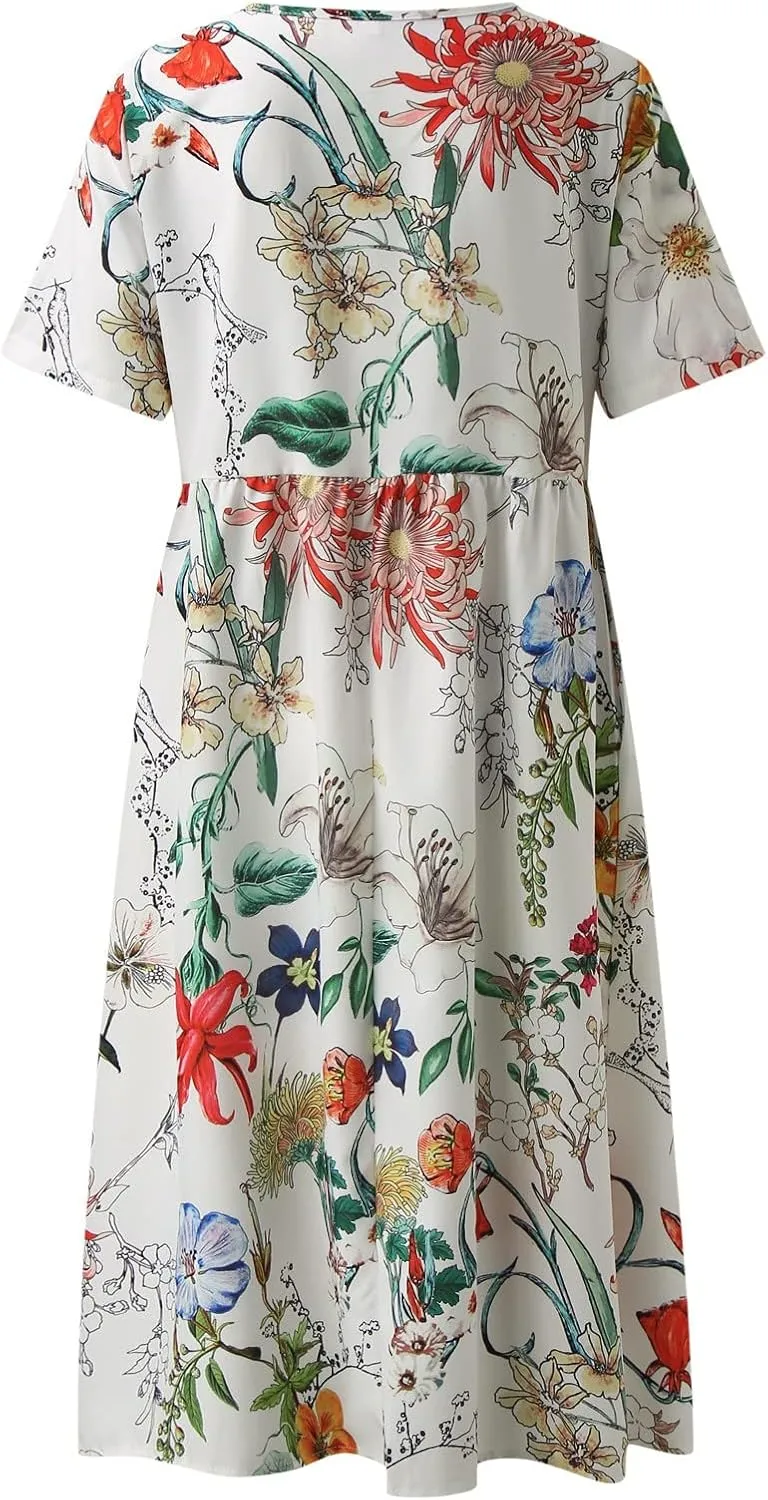 Midi Dresses for Women 2024 Summer Casual Short Sleeve T Shirts Dress Boho Beach Vacation Floral Print Cute Sundress