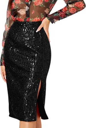 Mini Sequin Skirt for Women Sexy Stretchy Slim High Waisted Mid Length Flowy Shiny Glitter Mini Skirts Red Sequin