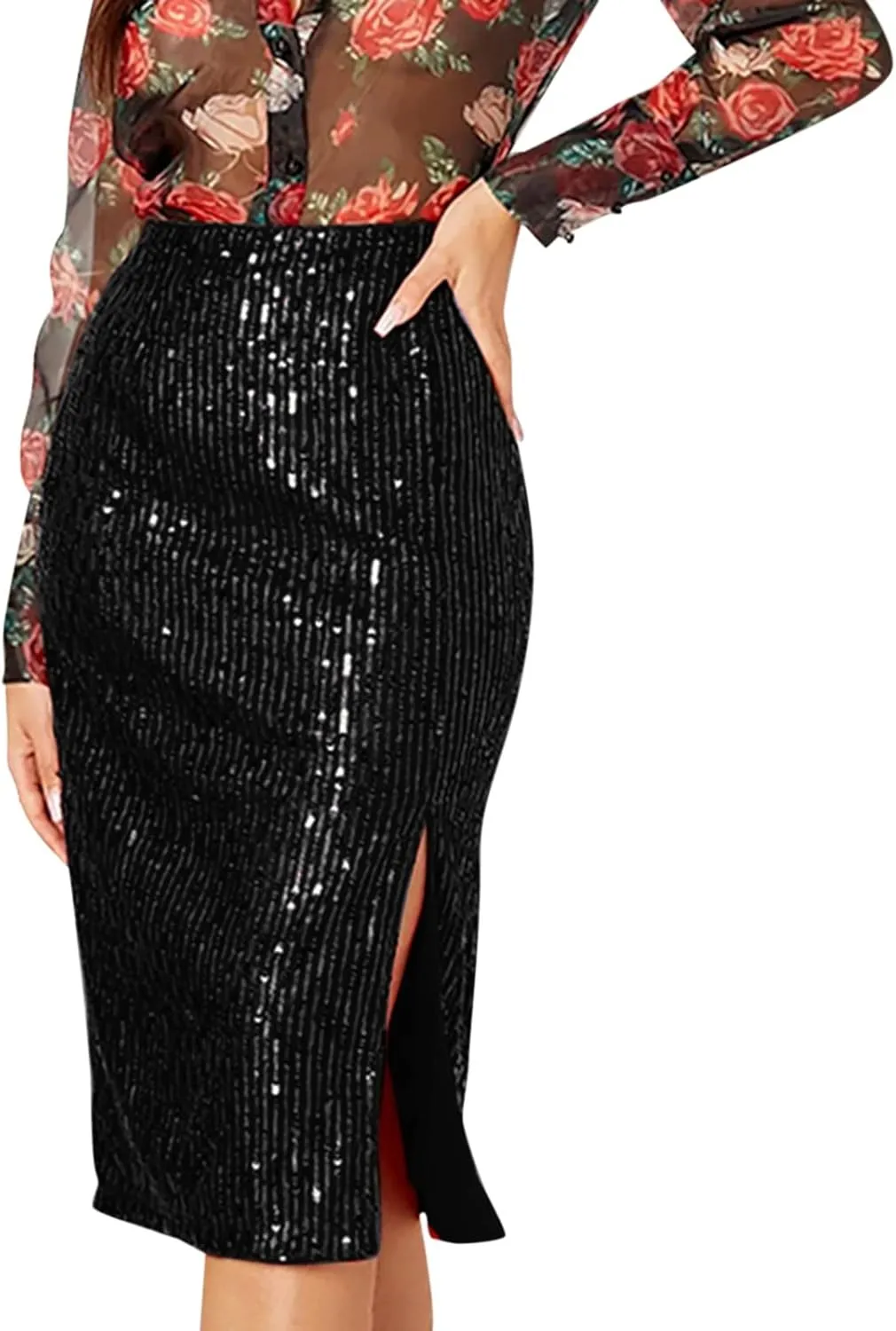 Mini Sequin Skirt for Women Sexy Stretchy Slim High Waisted Mid Length Flowy Shiny Glitter Mini Skirts Red Sequin