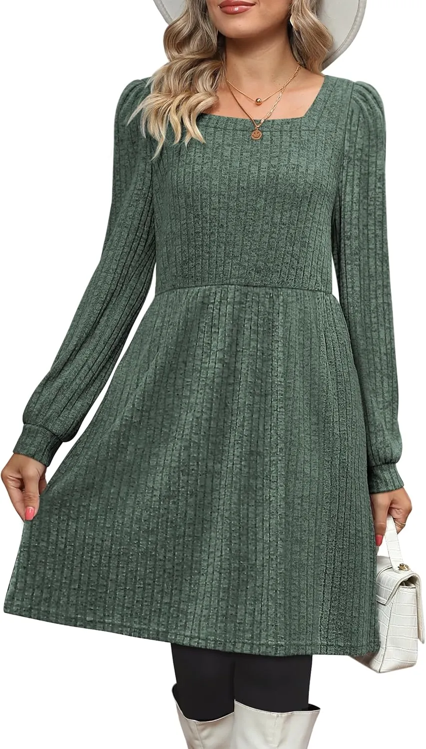 OFEEFAN Womens Knit Sweater Dress with Pockets Square Neck Long Sleeve Dresses