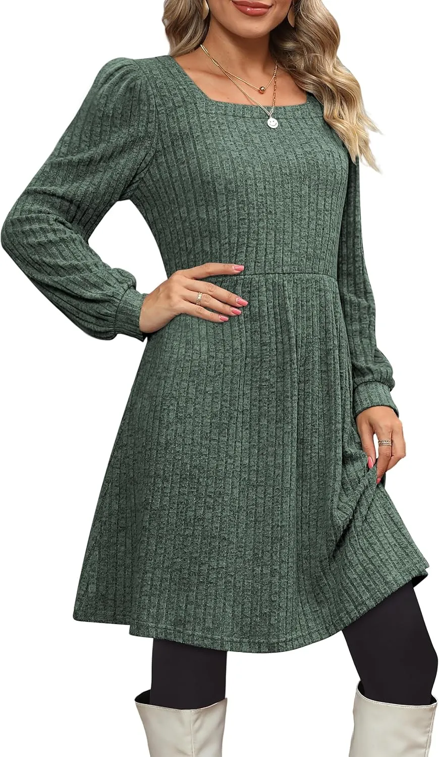 OFEEFAN Womens Knit Sweater Dress with Pockets Square Neck Long Sleeve Dresses