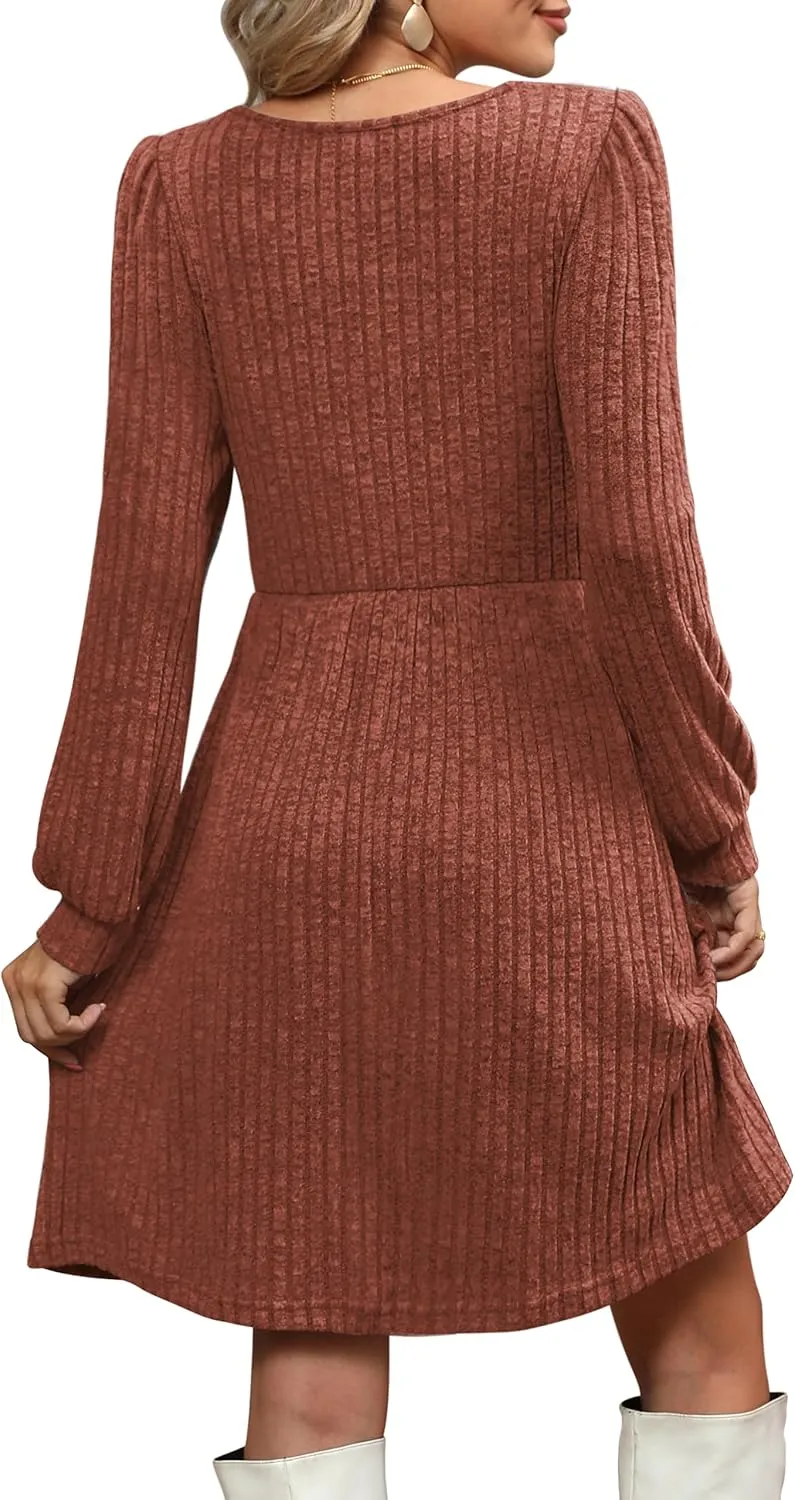 OFEEFAN Womens Knit Sweater Dress with Pockets Square Neck Long Sleeve Dresses