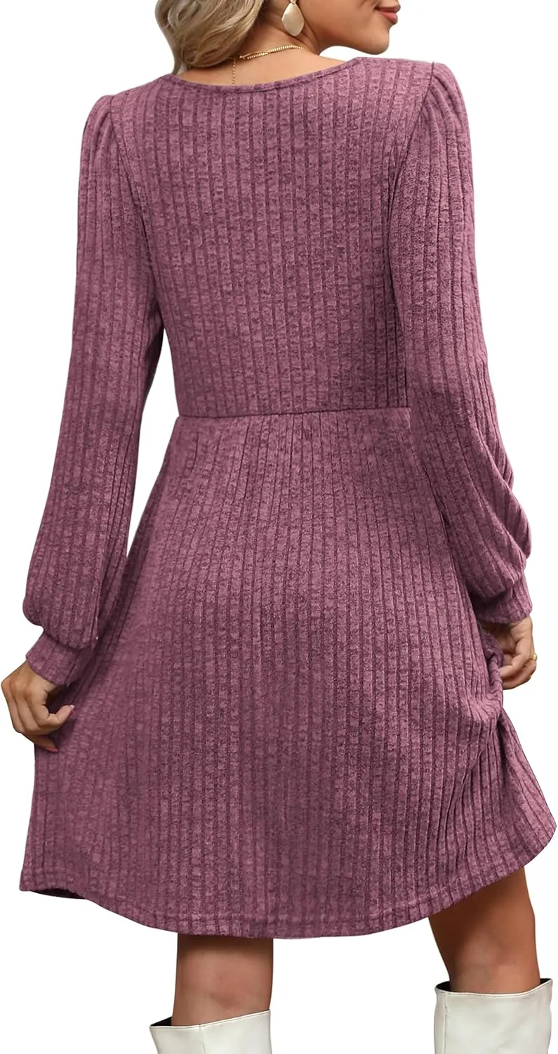 OFEEFAN Womens Knit Sweater Dress with Pockets Square Neck Long Sleeve Dresses