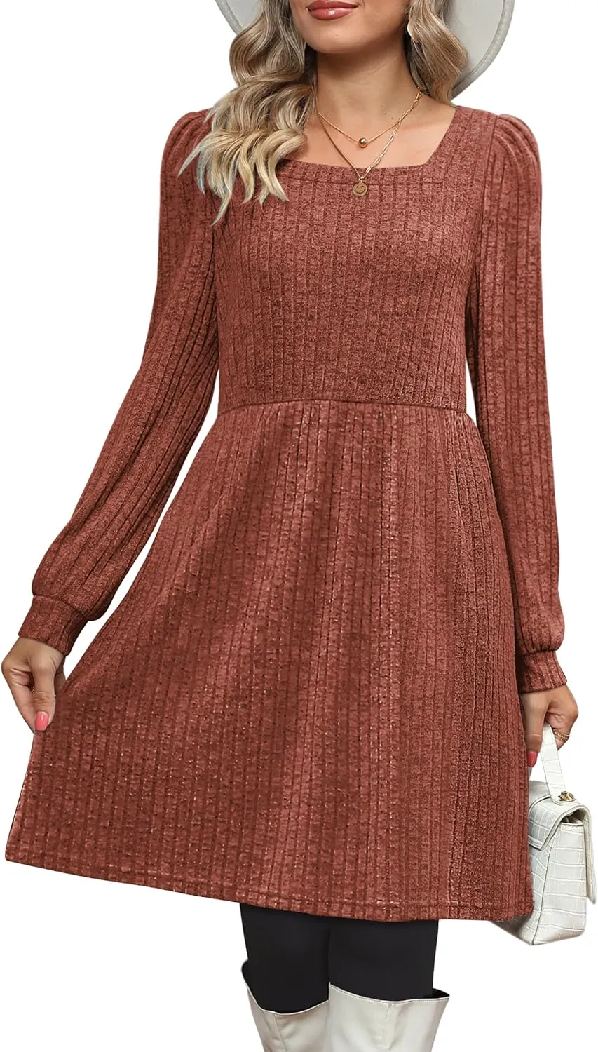 OFEEFAN Womens Knit Sweater Dress with Pockets Square Neck Long Sleeve Dresses