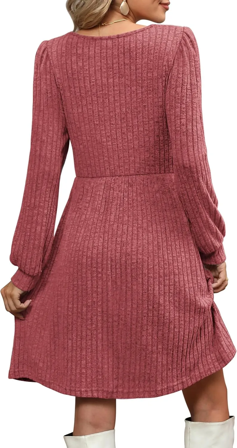 OFEEFAN Womens Knit Sweater Dress with Pockets Square Neck Long Sleeve Dresses