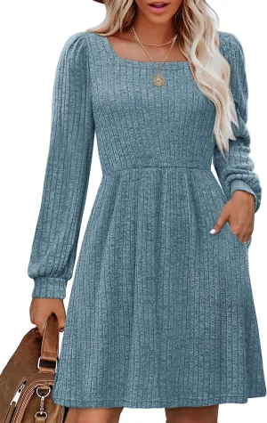 OFEEFAN Womens Knit Sweater Dress with Pockets Square Neck Long Sleeve Dresses