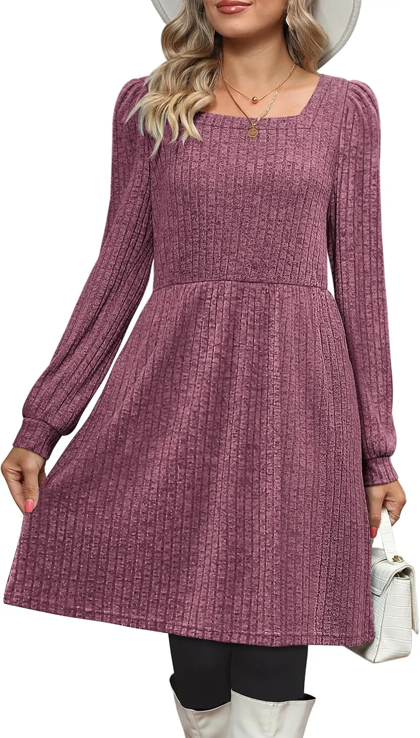 OFEEFAN Womens Knit Sweater Dress with Pockets Square Neck Long Sleeve Dresses