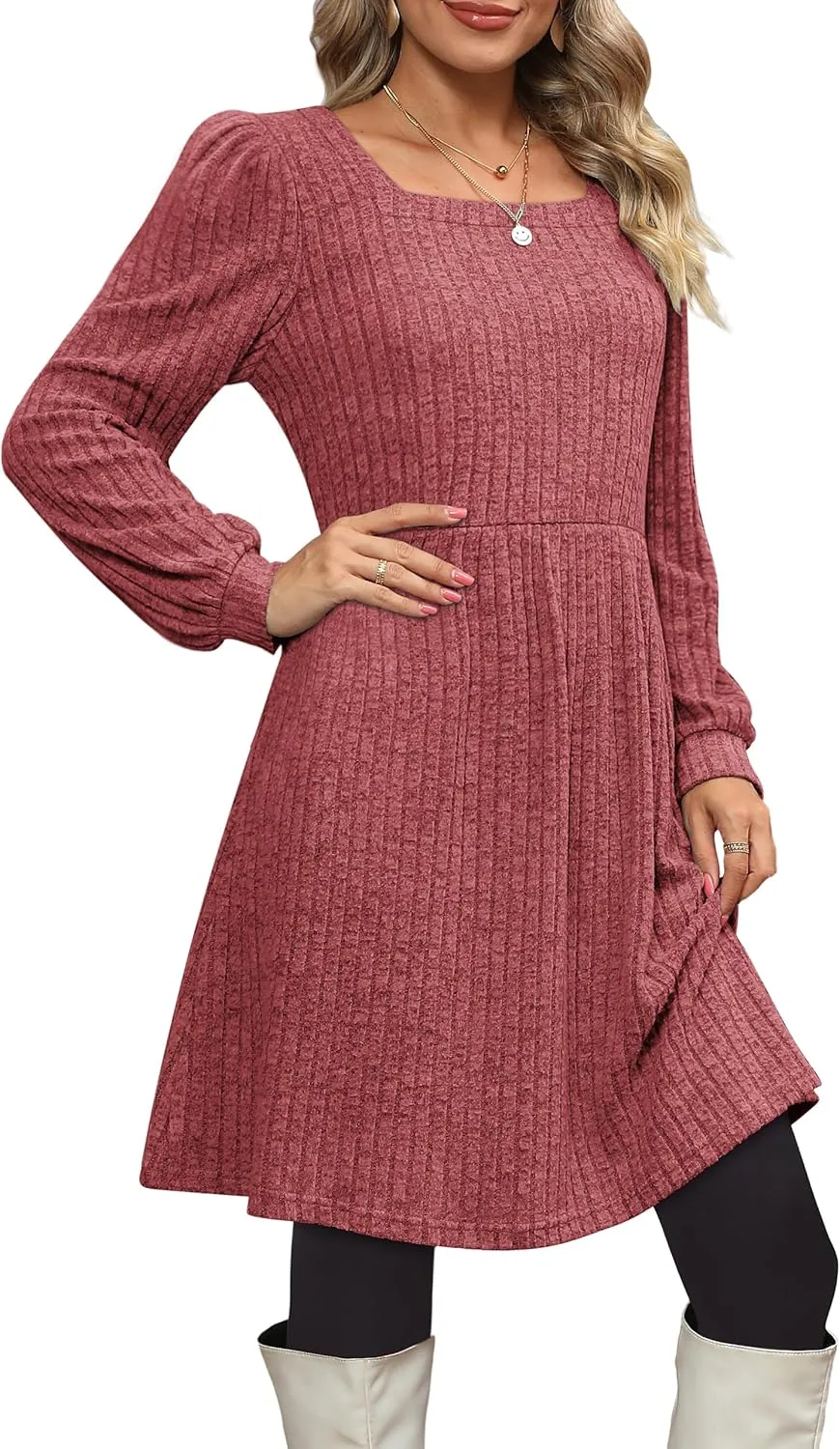 OFEEFAN Womens Knit Sweater Dress with Pockets Square Neck Long Sleeve Dresses