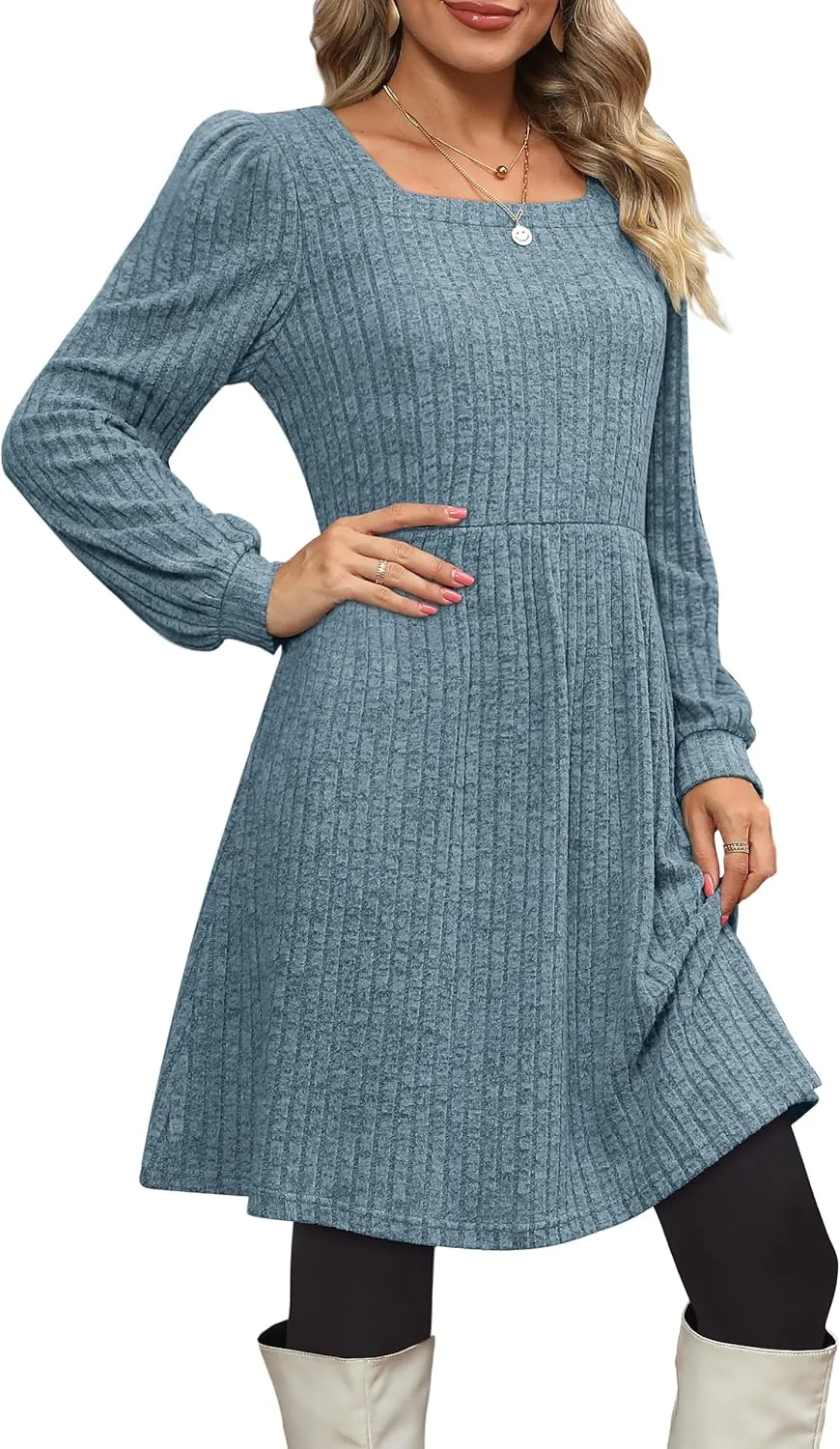 OFEEFAN Womens Knit Sweater Dress with Pockets Square Neck Long Sleeve Dresses