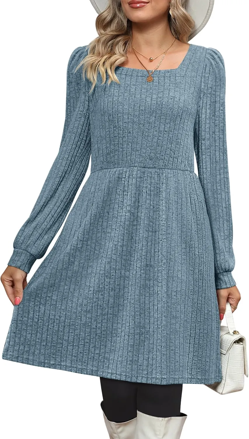 OFEEFAN Womens Knit Sweater Dress with Pockets Square Neck Long Sleeve Dresses