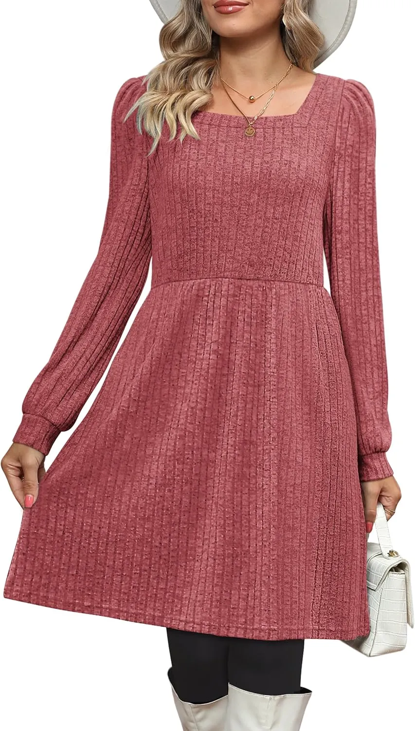 OFEEFAN Womens Knit Sweater Dress with Pockets Square Neck Long Sleeve Dresses