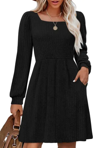 OFEEFAN Womens Knit Sweater Dress with Pockets Square Neck Long Sleeve Dresses