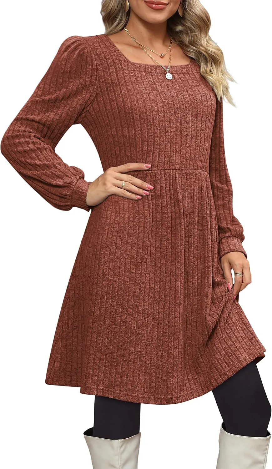 OFEEFAN Womens Knit Sweater Dress with Pockets Square Neck Long Sleeve Dresses