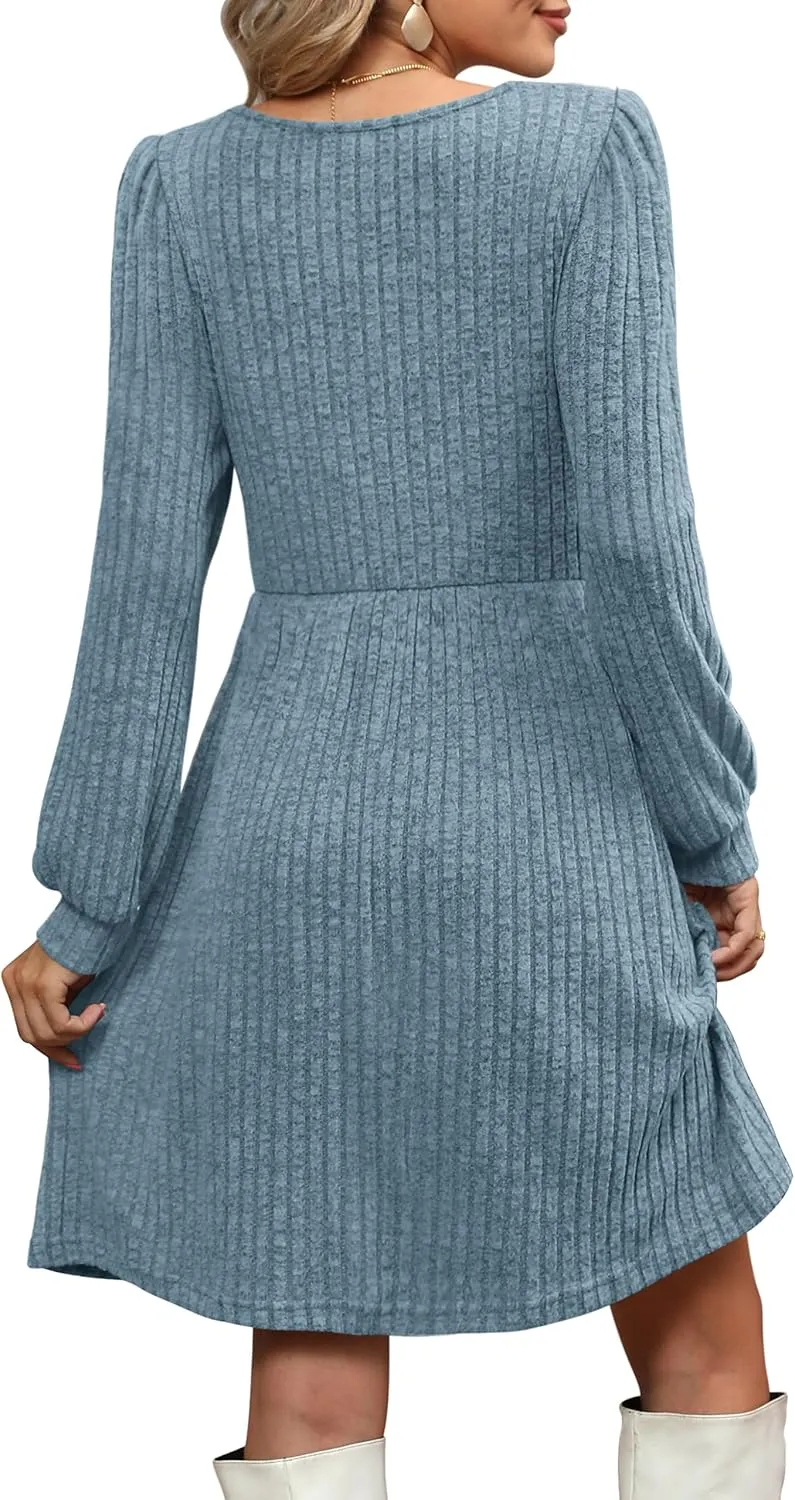 OFEEFAN Womens Knit Sweater Dress with Pockets Square Neck Long Sleeve Dresses