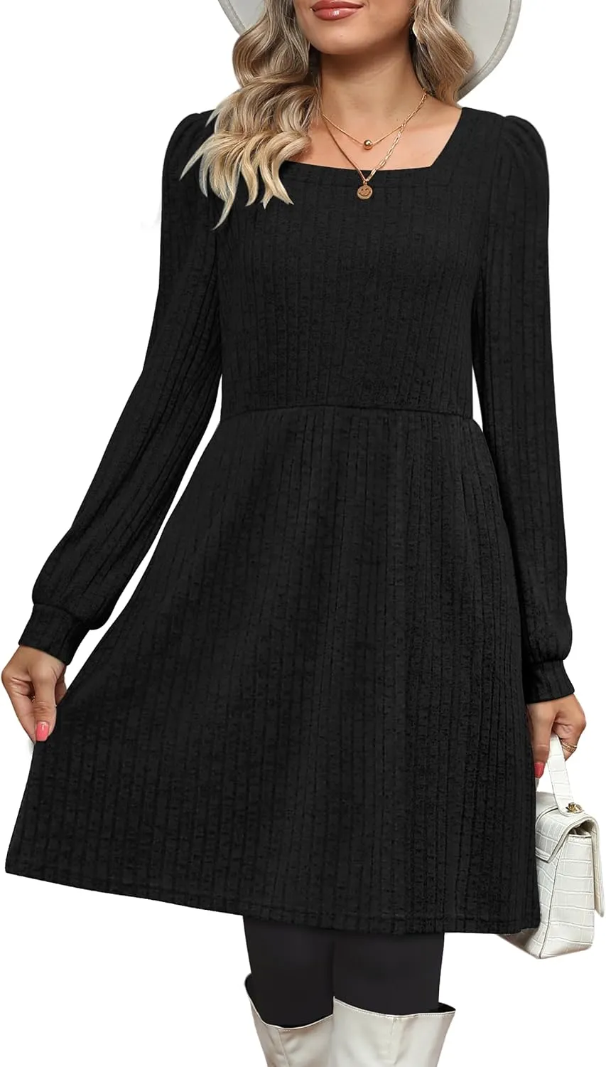 OFEEFAN Womens Knit Sweater Dress with Pockets Square Neck Long Sleeve Dresses