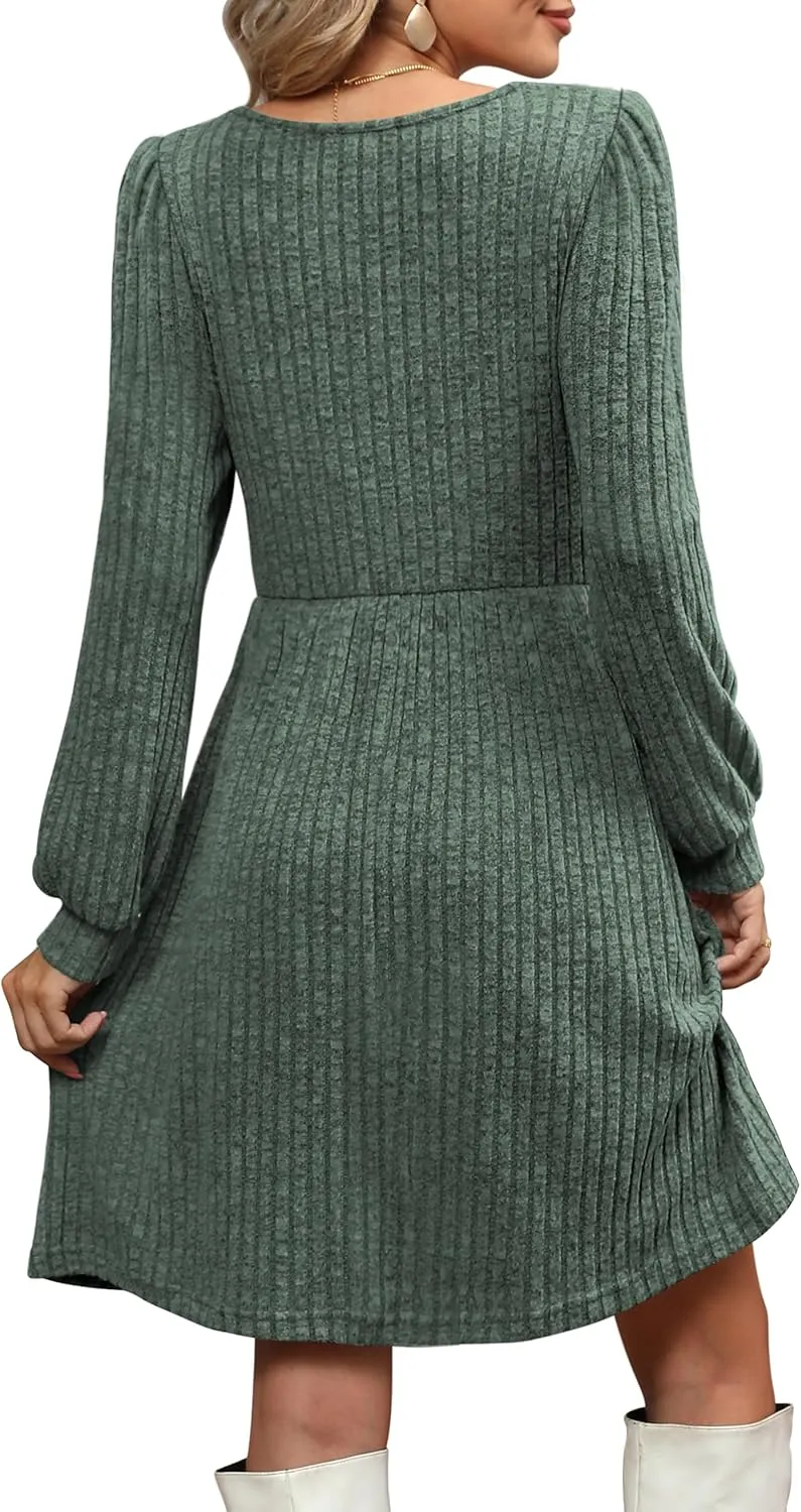 OFEEFAN Womens Knit Sweater Dress with Pockets Square Neck Long Sleeve Dresses