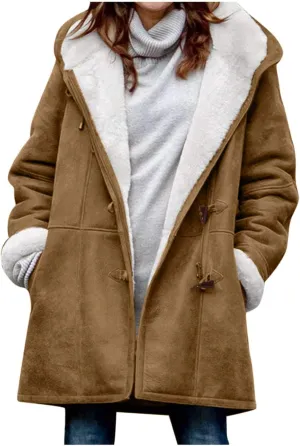 Ogiraw Womens Sherpa Lined Jackets Fashion Winter Fuzzy Fleece Hoodie Sweatshirt Casual Soft Cozy Horn Button Down Coats