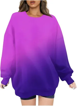 Oversized Sweatshirt for Women Gradient Color Tie-Dye Print Casual Crewneck Sweater Tops Loose Fit Long Sleeve Clothes