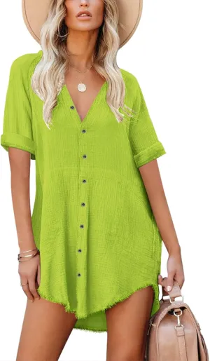 Paintcolors Women's Cotton Button Down Shirt Short Sleee Dresses Tunics Oversized Beach Cover up Blouse Tops with Pockets