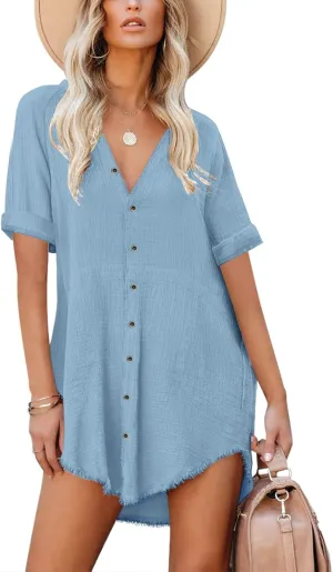 Paintcolors Women's Cotton Button Down Shirt Short Sleee Dresses Tunics Oversized Beach Cover up Blouse Tops with Pockets