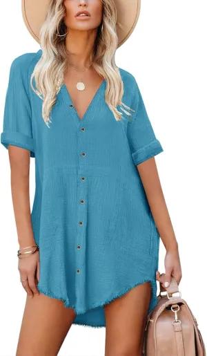Paintcolors Women's Cotton Button Down Shirt Short Sleee Dresses Tunics Oversized Beach Cover up Blouse Tops with Pockets