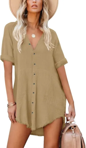 Paintcolors Women's Cotton Button Down Shirt Short Sleee Dresses Tunics Oversized Beach Cover up Blouse Tops with Pockets