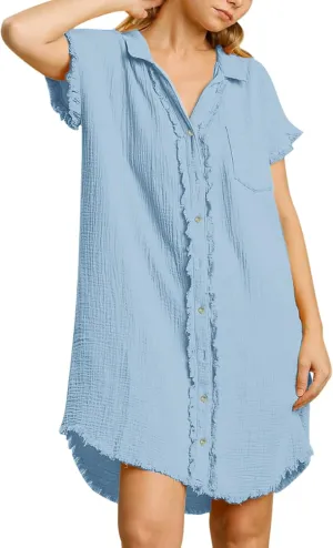 Paintcolors Women's Cotton Button Down Shirt Short Sleee Dresses Tunics Oversized Beach Cover up Blouse Tops with Pockets
