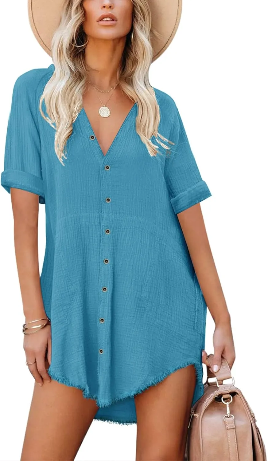Paintcolors Women's Cotton Button Down Shirt Short Sleee Dresses Tunics Oversized Beach Cover up Blouse Tops with Pockets