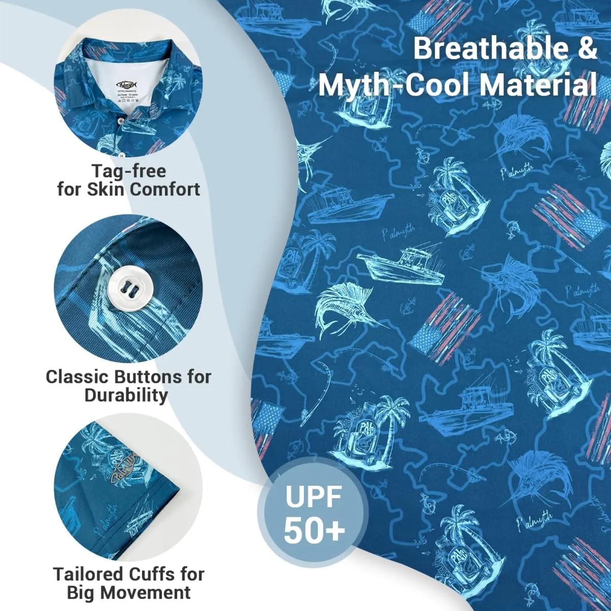 Palmyth Polo Shirts for Men Dry Fit Short Sleeve UPF 50  Moisture Wicking Print Collared Polo Golf Shirts Fishing