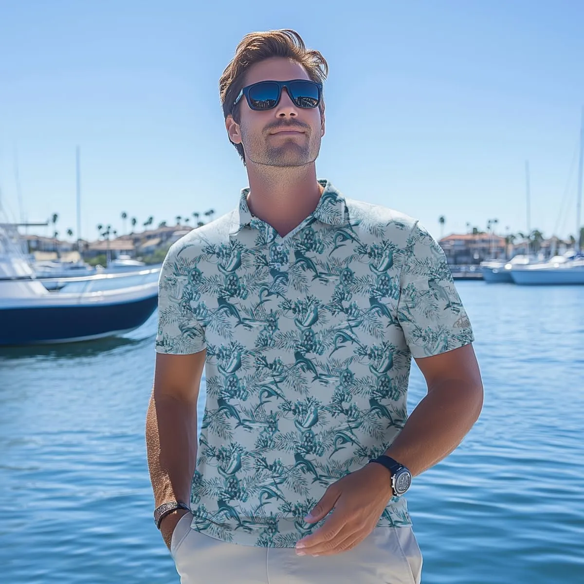 Palmyth Polo Shirts for Men Dry Fit Short Sleeve UPF 50  Moisture Wicking Print Collared Polo Golf Shirts Fishing