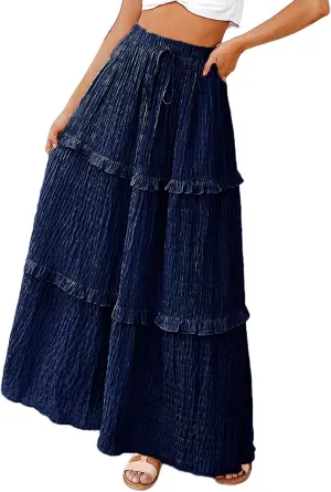 Pleated Long Skirts for Women Trendy Elastic High Waisted A-Line Flowy Swing Maxi Skirt Summer Comfy Tiered Skirt