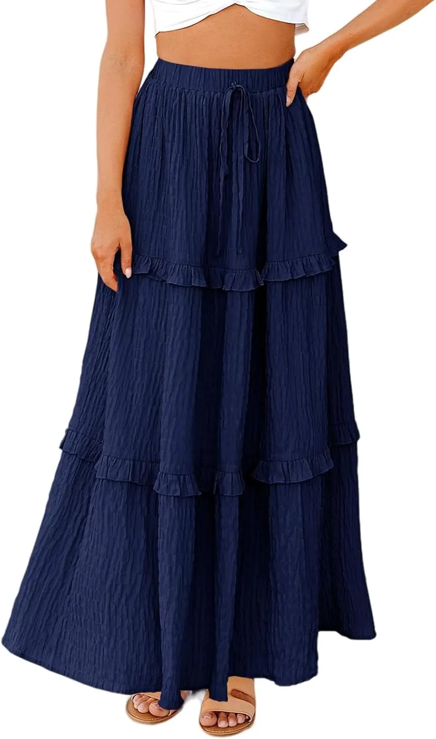 Pleated Long Skirts for Women Trendy Elastic High Waisted A-Line Flowy Swing Maxi Skirt Summer Comfy Tiered Skirt