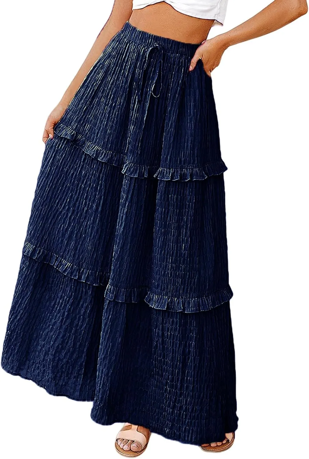 Pleated Long Skirts for Women Trendy Elastic High Waisted A-Line Flowy Swing Maxi Skirt Summer Comfy Tiered Skirt