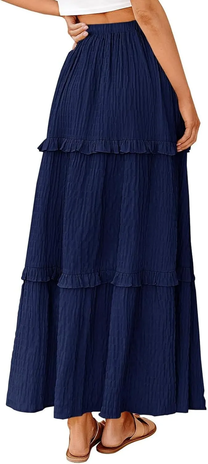 Pleated Long Skirts for Women Trendy Elastic High Waisted A-Line Flowy Swing Maxi Skirt Summer Comfy Tiered Skirt