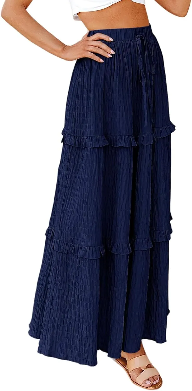 Pleated Long Skirts for Women Trendy Elastic High Waisted A-Line Flowy Swing Maxi Skirt Summer Comfy Tiered Skirt