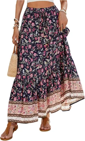 Pleated Skirts for Women,Wrap Drawstring Tiered Flowy Maxi Skirts 2025 Trendy Casual Long Boho Skirt Spring Summer
